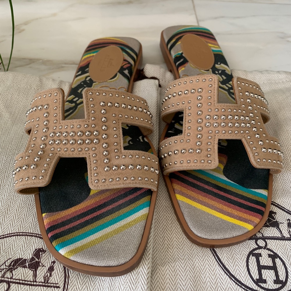Hermes Studded Suede Brides De Gala Oran Sandals